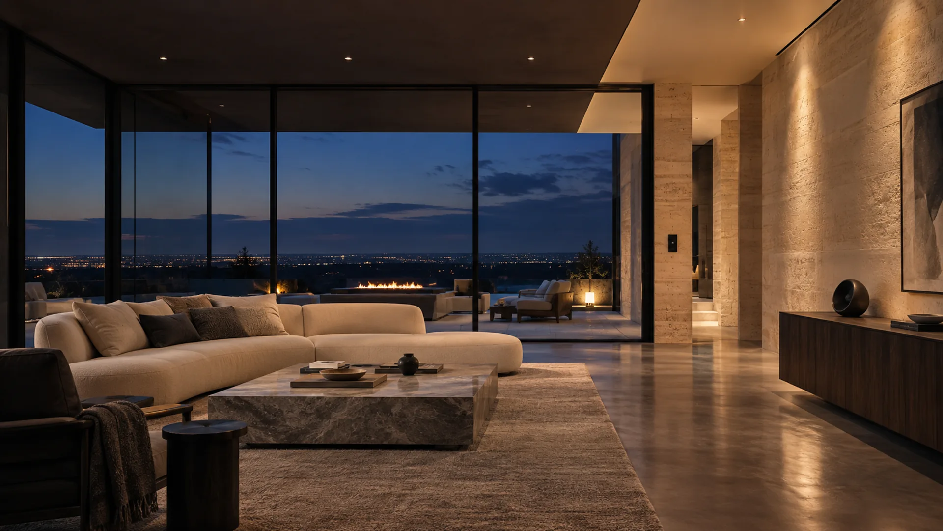 Architectural illustration of a contemporary connected home at dusk.